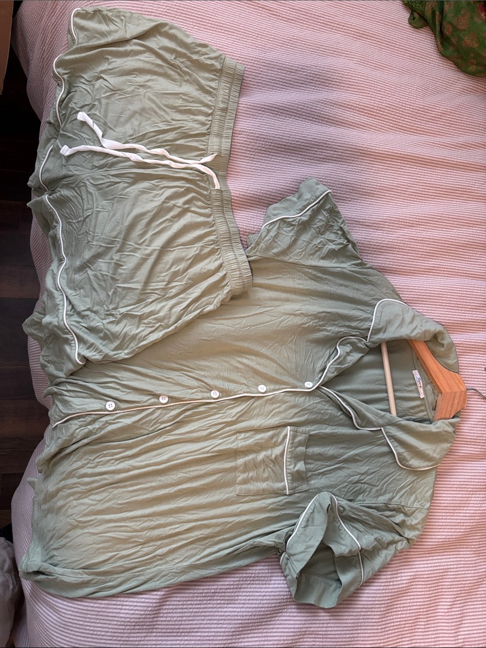 Aria Light Sage Short Sleeve Button Pajama Set with White Piping
